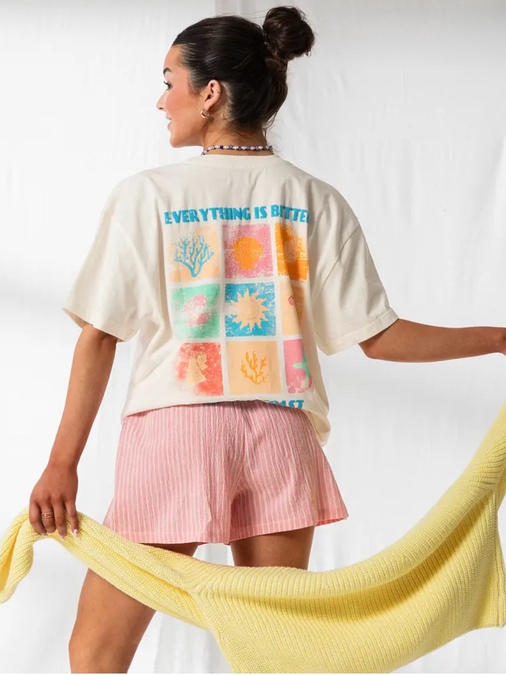 33 Coastal Ivory Colorful Better On The Coast Oversized Cotton Pocket Tee Medium - Picture 4 of 9
